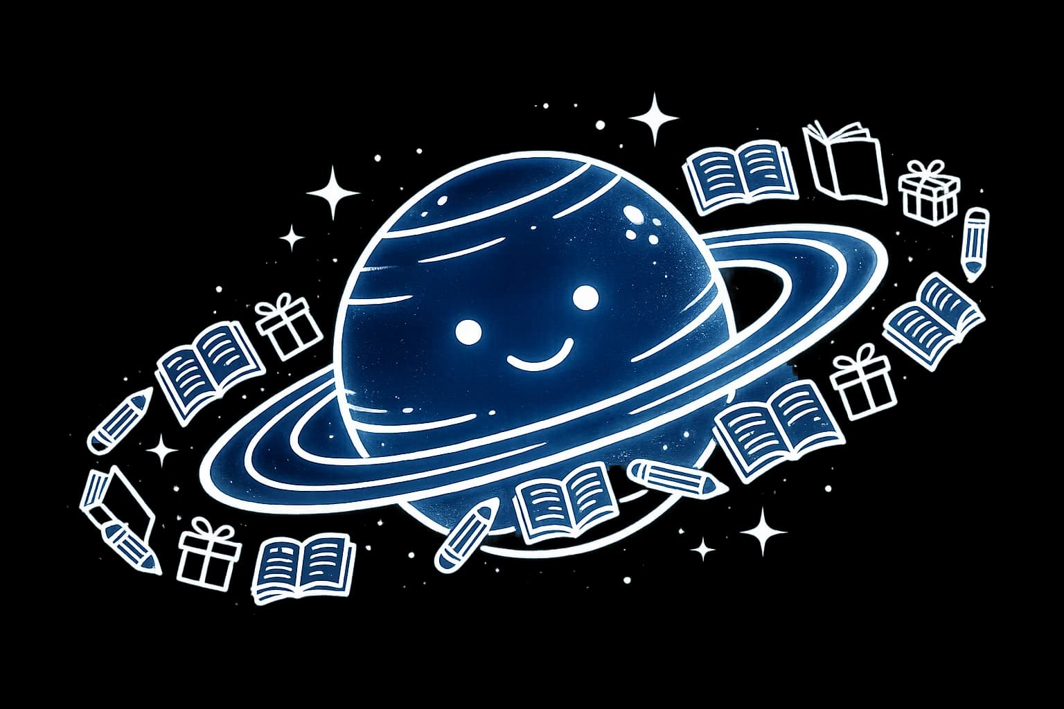Planeta Cosmos con carita, rodeado de libros, lápices y regalos